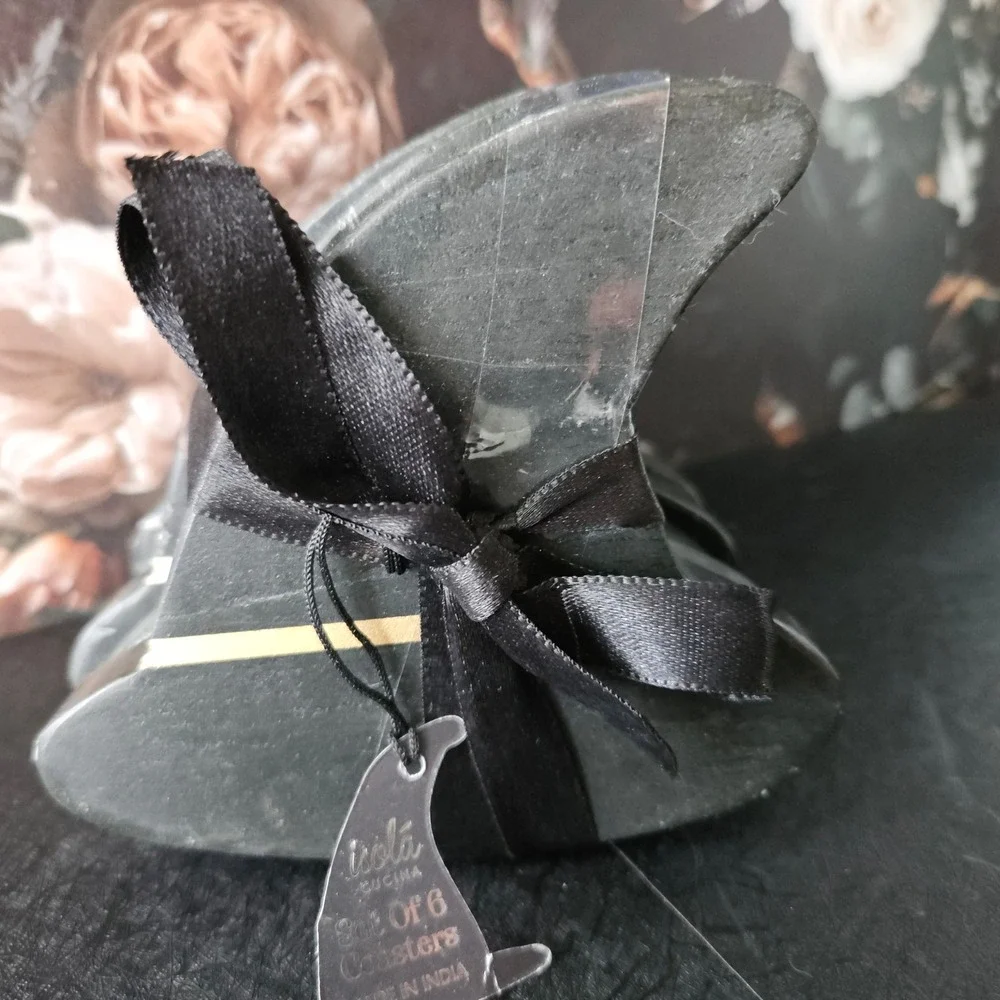Witch Hat Marble Coaster SET 6 Count - BRAND NEW - Black & Gold - Isola Cucina